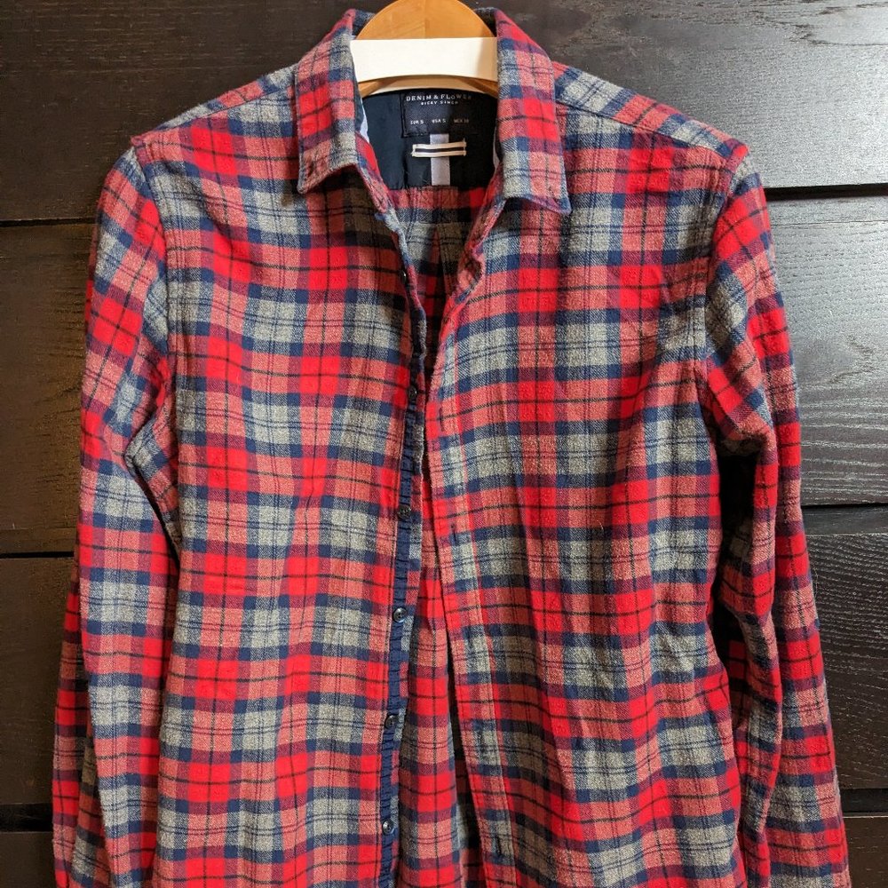 Red Plaid Flannel - Denim & Flower - Small